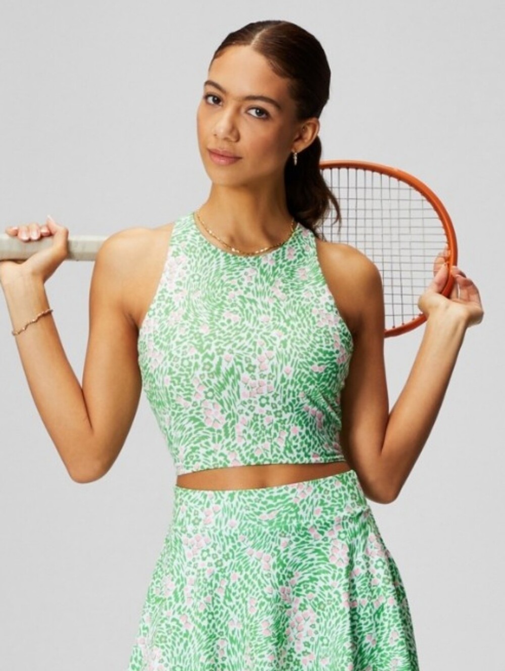 Fabletics Tank Top High Neck Green Pink White Floral Tennis Cropped Strappy M